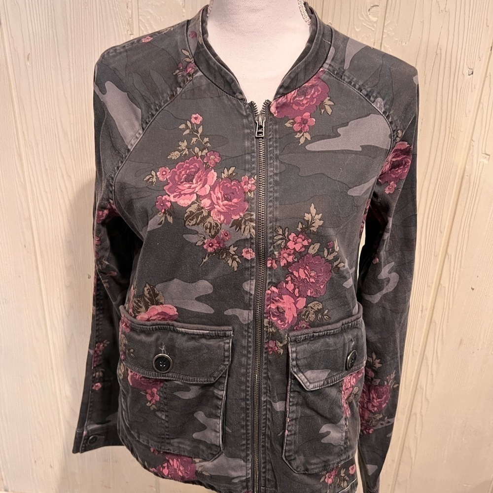 DEMOCRACY Floral Pocket Jacket Drawstring Waist Full Zip Size Medium